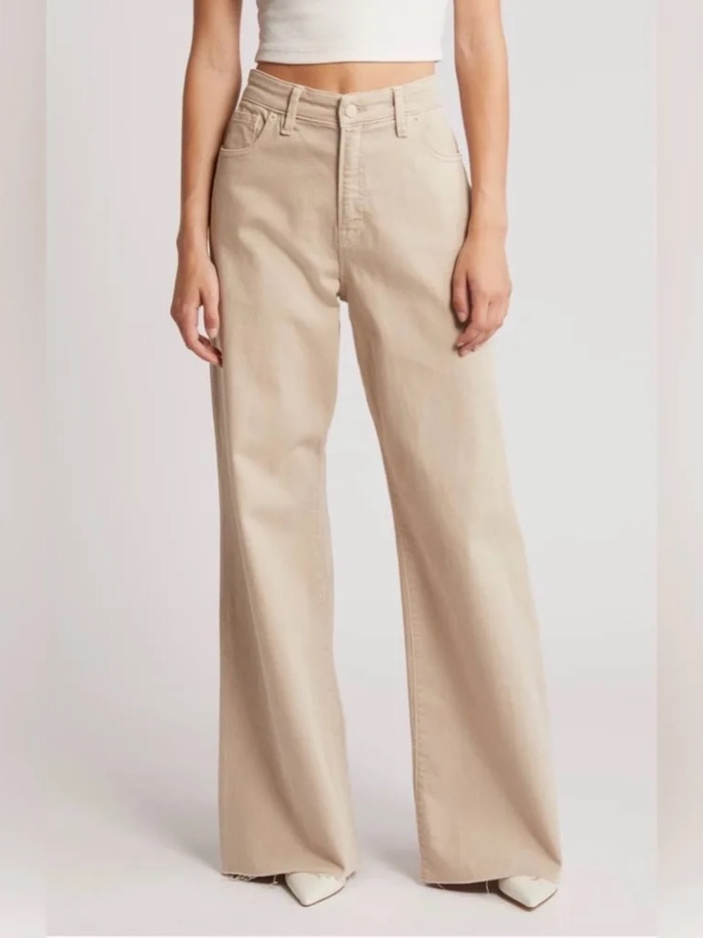 Good American Beige High-Rise Wide Leg Flare Jeans